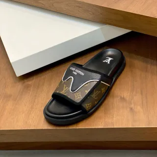 Louis Vuitton Slide Brown Black Monogram Canvas Rubber Sole Slippers