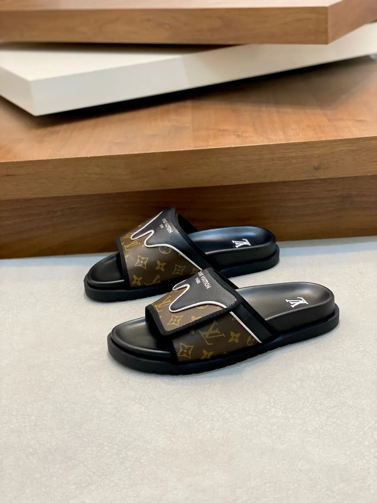 Louis Vuitton Slide Brown Black Monogram Canvas Rubber Sole Slippers 4