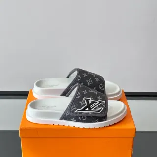 Louis Vuitton Slides Negro Blanco Monogrammed Correa de Tela Bordado Logo LV