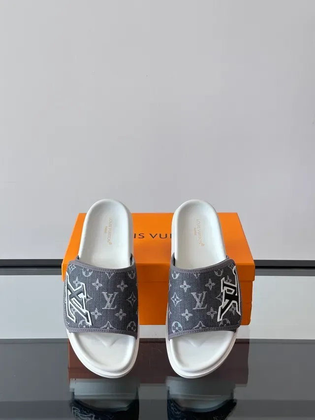 Louis Vuitton Slides Black White Monogrammed Fabric Strap Embroidered LV Logo Slippers 3