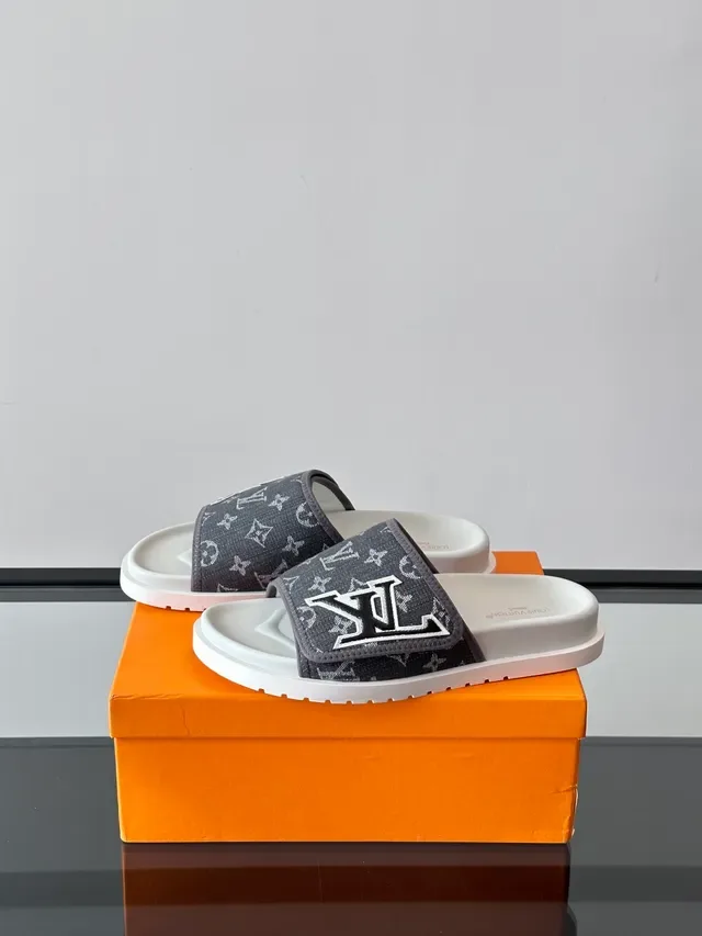 Louis Vuitton Slides Black White Monogrammed Fabric Strap Embroidered LV Logo Slippers 4
