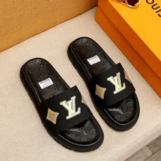 Louis Vuitton Slides 黑色黄色模具橡胶鞋底单片压花脚垫拖鞋