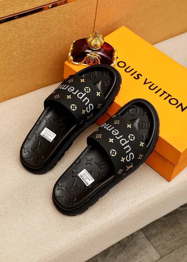 Louis Vuitton Supreme Collaboration Slipper Black Gold Monogram-Embossed Sole Wide Branded Strap Slippers 2
