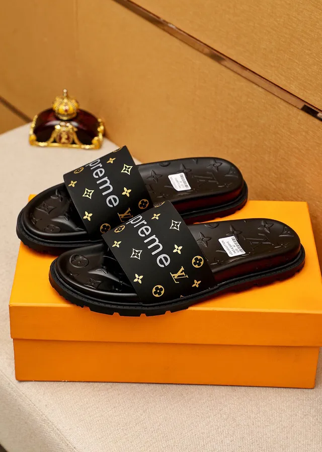 Louis Vuitton Supreme Collaboration Slipper Black Gold Monogram-Embossed Sole Wide Branded Strap Slippers 3