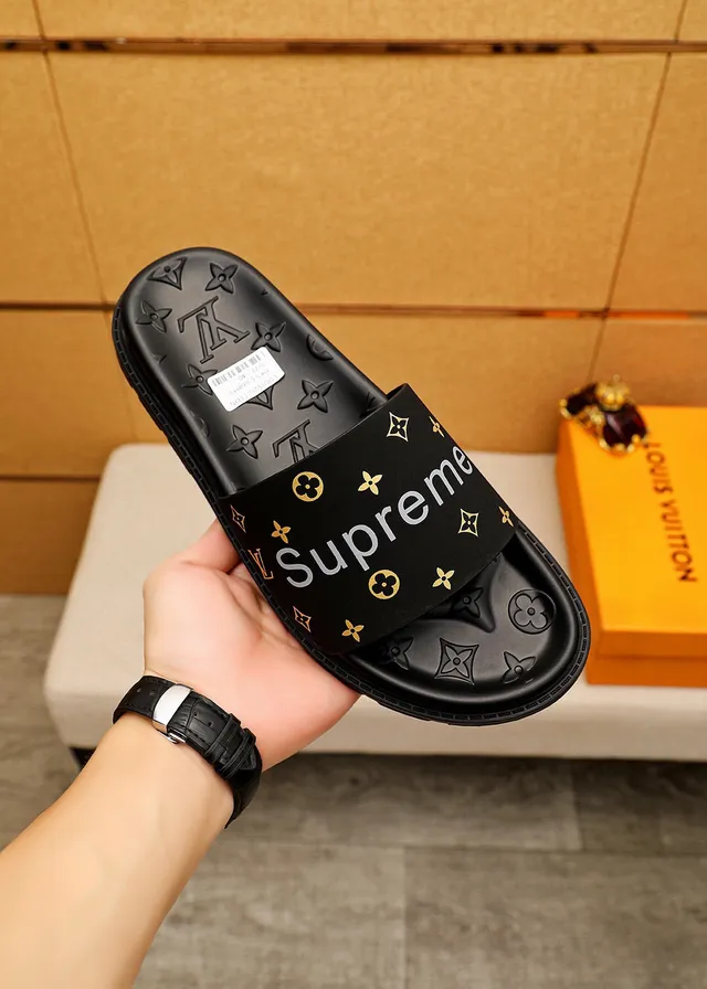 Louis Vuitton Supreme Collaboration Slipper Black Gold Monogram-Embossed Sole Wide Branded Strap Slippers 4