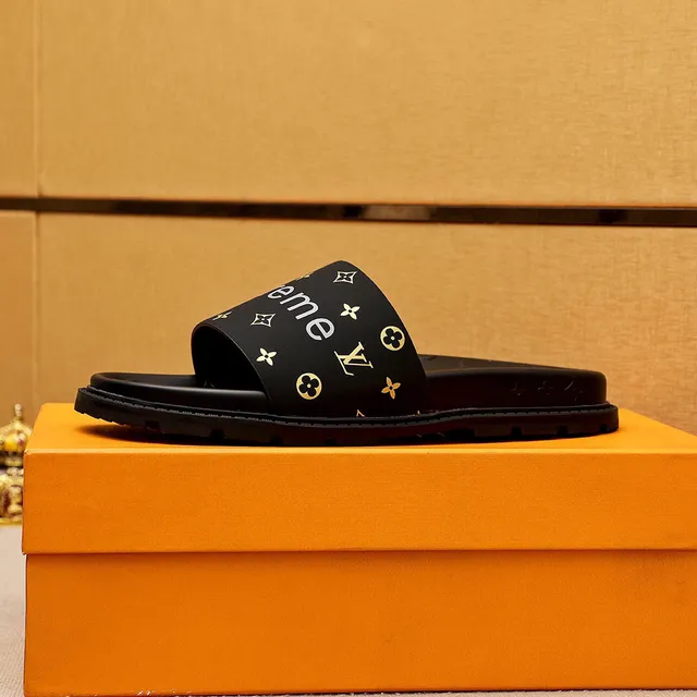Louis Vuitton Supreme Collaboration Slipper Black Gold Monogram-Embossed Sole Wide Branded Strap Slippers 5