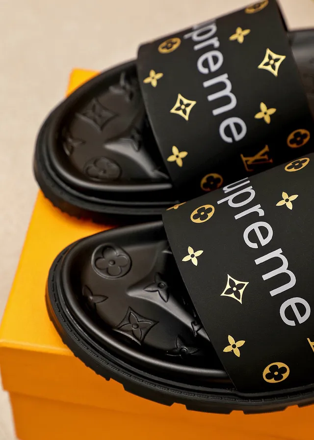 Louis Vuitton Supreme Collaboration Slipper Black Gold Monogram-Embossed Sole Wide Branded Strap Slippers 6