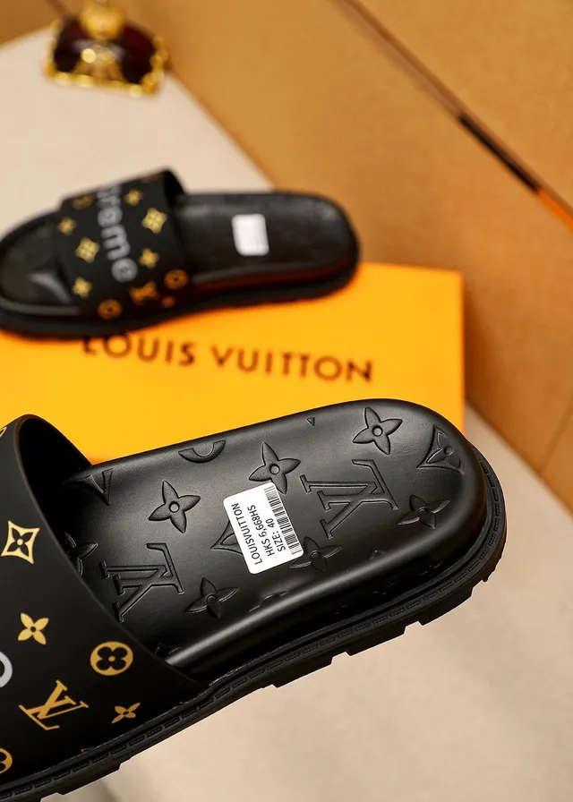 Louis Vuitton Supreme Collaboration Slipper Black Gold Monogram-Embossed Sole Wide Branded Strap Slippers 7