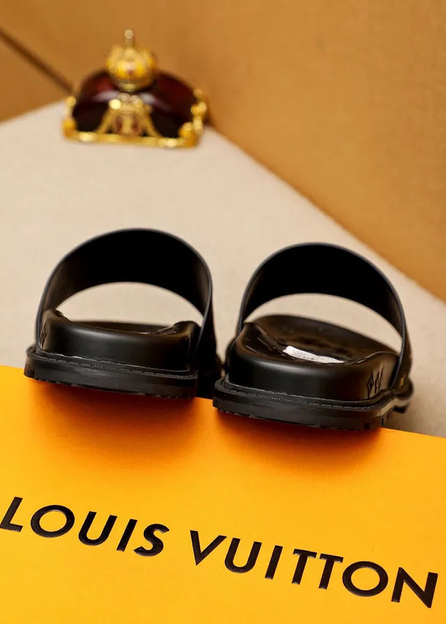 Louis Vuitton Supreme Collaboration Slipper Black Gold Monogram-Embossed Sole Wide Branded Strap Slippers 8
