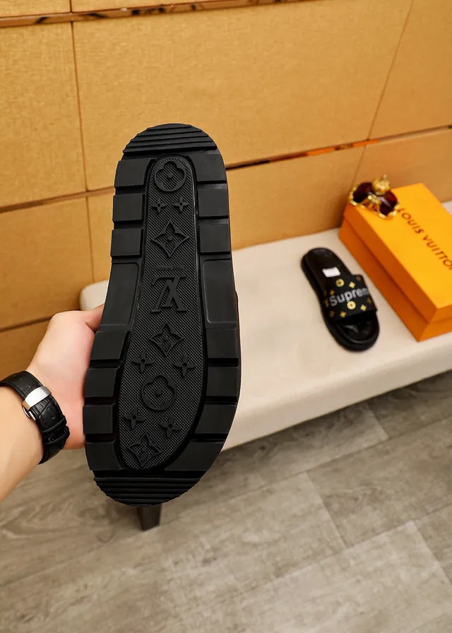 Louis Vuitton Supreme Collaboration Slipper Black Gold Monogram-Embossed Sole Wide Branded Strap Slippers 9