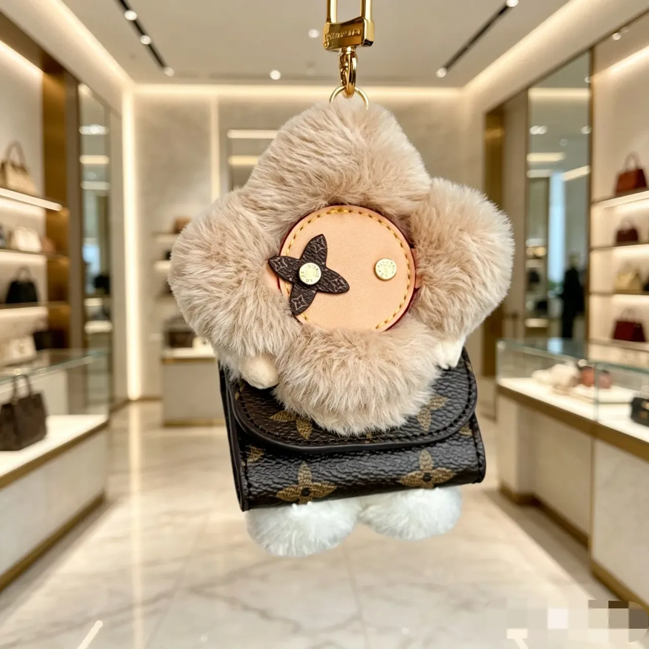 Bolsa Louis Vuitton Vivienne Rosa Bege Floral Plush Charm Borda de Pêlo Sintético 5