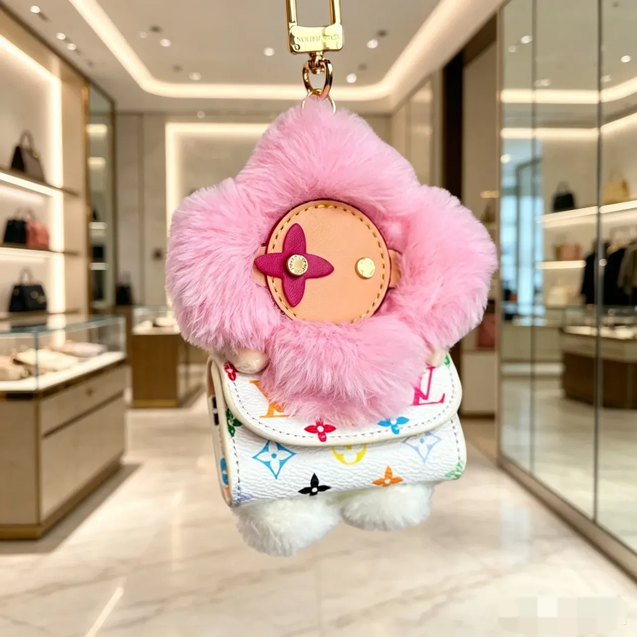 Bolsa Louis Vuitton Vivienne Rosa Bege Floral Plush Charm Borda de Pêlo Sintético 6