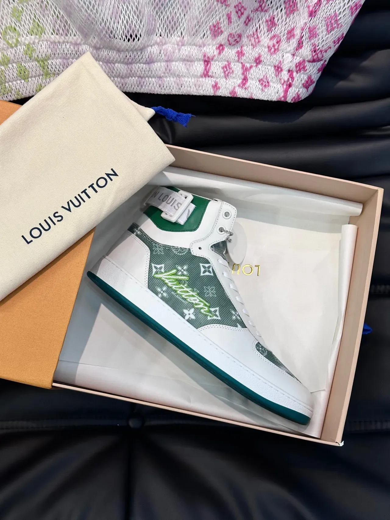 Louis Vuitton White Green High-Top Monogrammed Lifestyle Sneakers 6