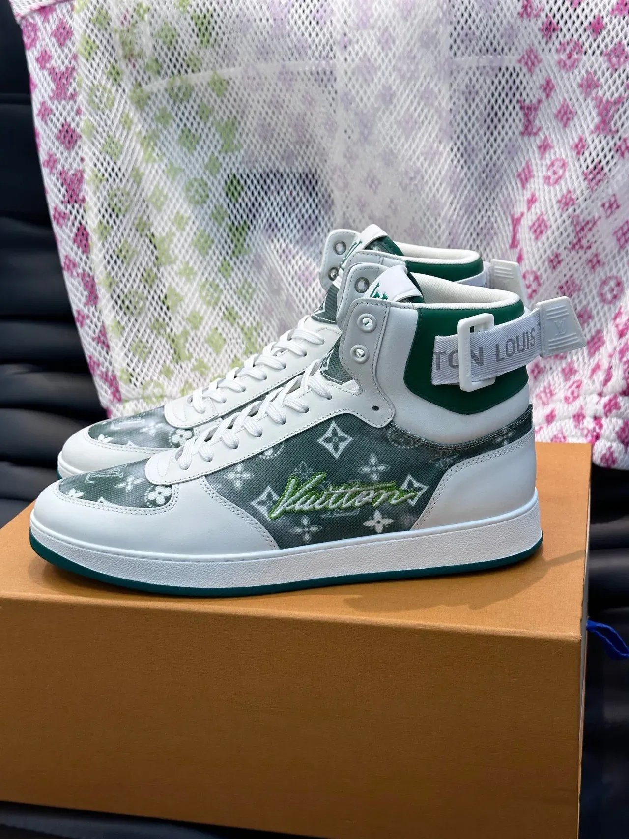 Louis Vuitton White Green High-Top Monogrammed Lifestyle Sneakers 7