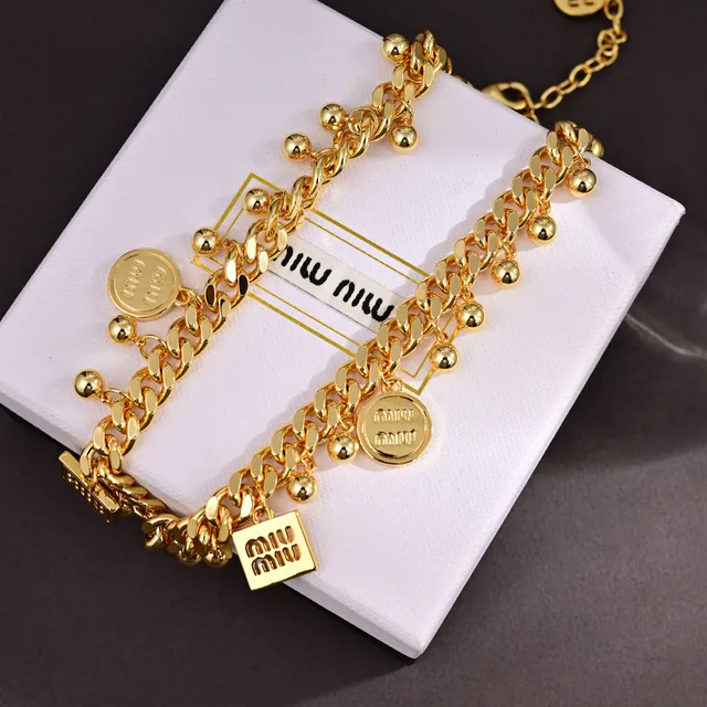 Miu Miu Logo-Charm Beaded Multi-Chain Gold Necklace 3