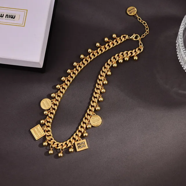 Miu Miu Logo-Charm Beaded Multi-Chain Gold Necklace 4