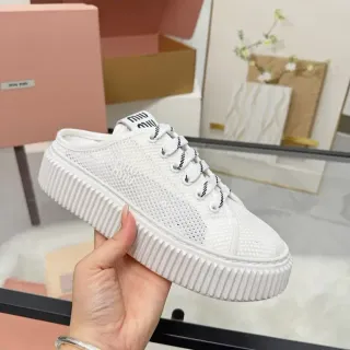Miu Miu Platform Sneaker White Black Mesh Upper Ridged Sole Lifestyle Sneakers