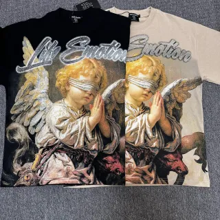 Mixed Emotion Graphic Print Rhinestone Lettering Angel Motif T-Shirt