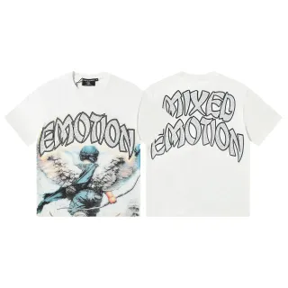 Mixed Emotion White Blue Graphic-Print Glitter-Text T-Shirt