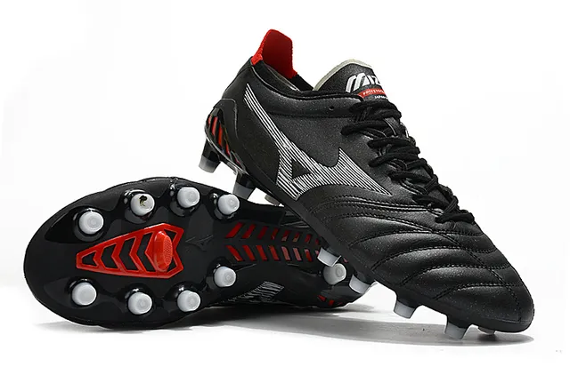 Mizuno काला लाल क्विल्टेड लेदर अपर लो-कट एंगल फर्म-ग्राउंड सोकर जूते 17