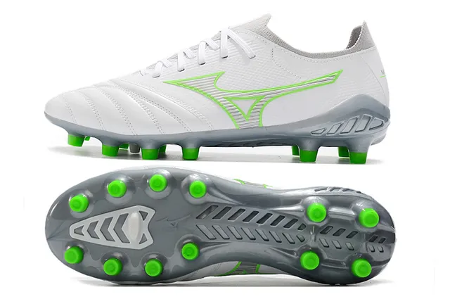 Mizuno Morelia Neo White and Neon Green Firm-Ground Soccer Shoes 9