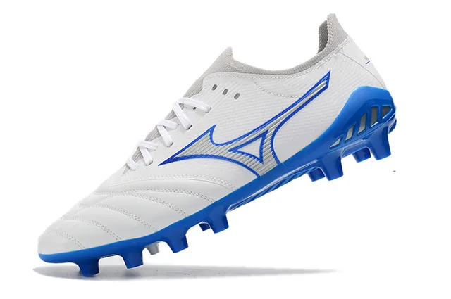 Mizuno সাদা নীল লো-কাট নিট আপার সেলাই কোয়িল্টেড ভ্যাম্প ফার্ম-গ্রাউন্ড ফুটবল জুতা 4