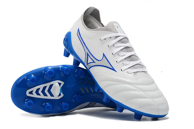 Mizuno সাদা নীল লো-কাট নিট আপার সেলাই কোয়িল্টেড ভ্যাম্প ফার্ম-গ্রাউন্ড ফুটবল জুতা 5