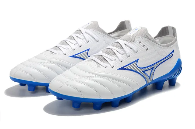 Mizuno সাদা নীল লো-কাট নিট আপার সেলাই কোয়িল্টেড ভ্যাম্প ফার্ম-গ্রাউন্ড ফুটবল জুতা 8