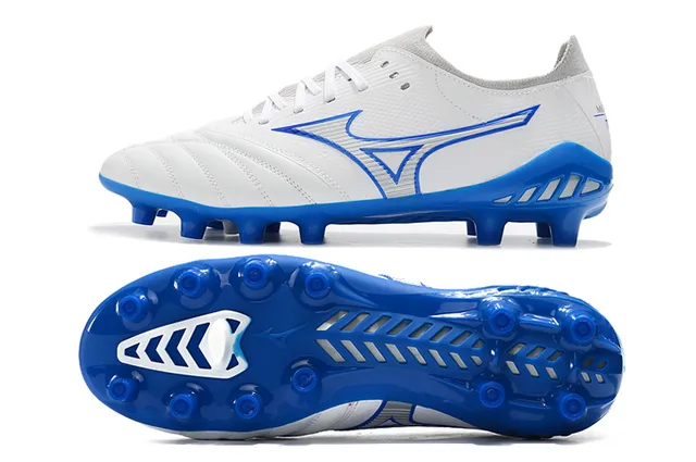 Mizuno সাদা নীল লো-কাট নিট আপার সেলাই কোয়িল্টেড ভ্যাম্প ফার্ম-গ্রাউন্ড ফুটবল জুতা 9