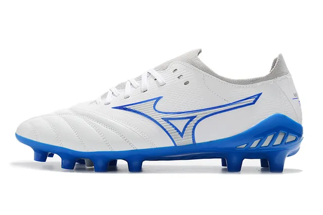 Mizuno সাদা নীল লো-কাট নিট আপার সেলাই কোয়িল্টেড ভ্যাম্প ফার্ম-গ্রাউন্ড ফুটবল জুতা 10