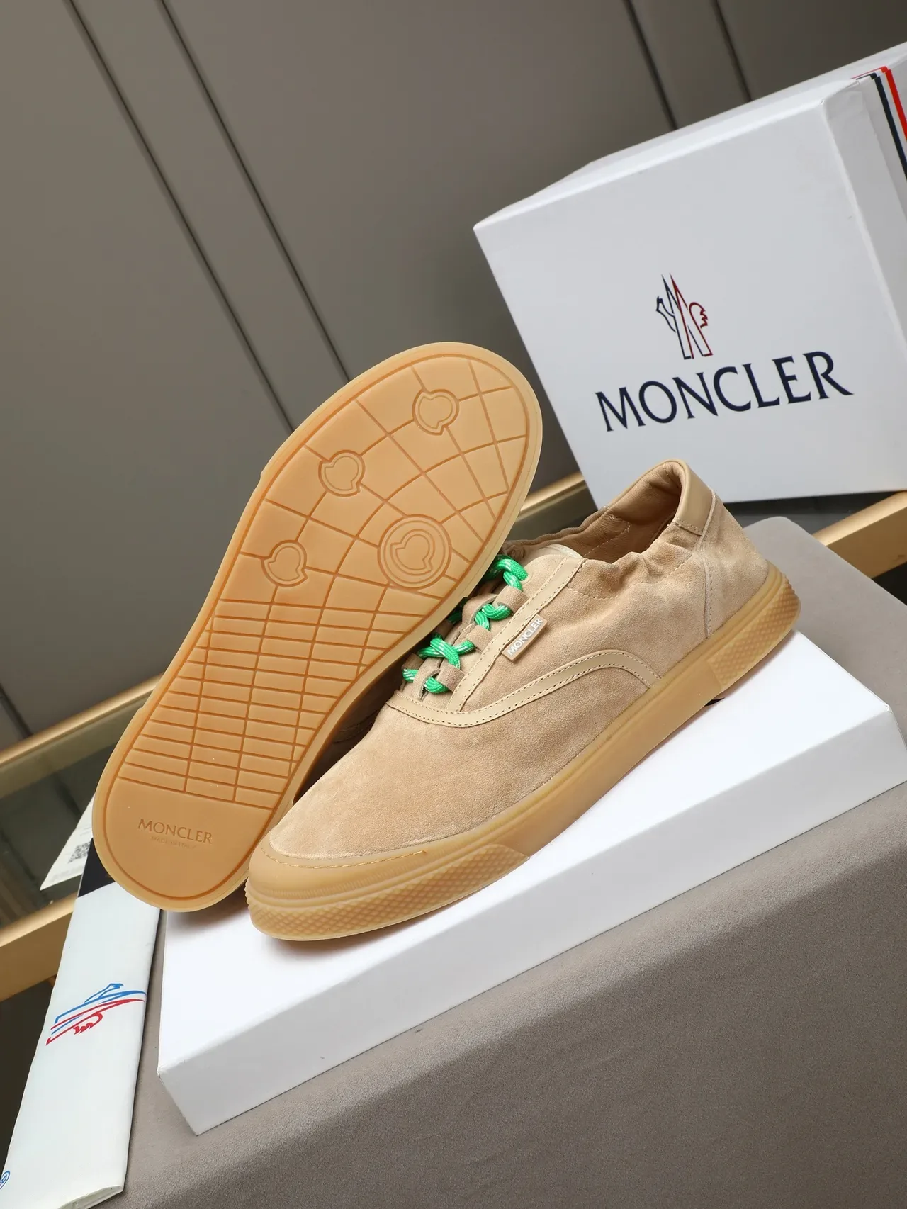 Moncler Beige Verde Ante Superior Suela de Goma Zapatillas 4