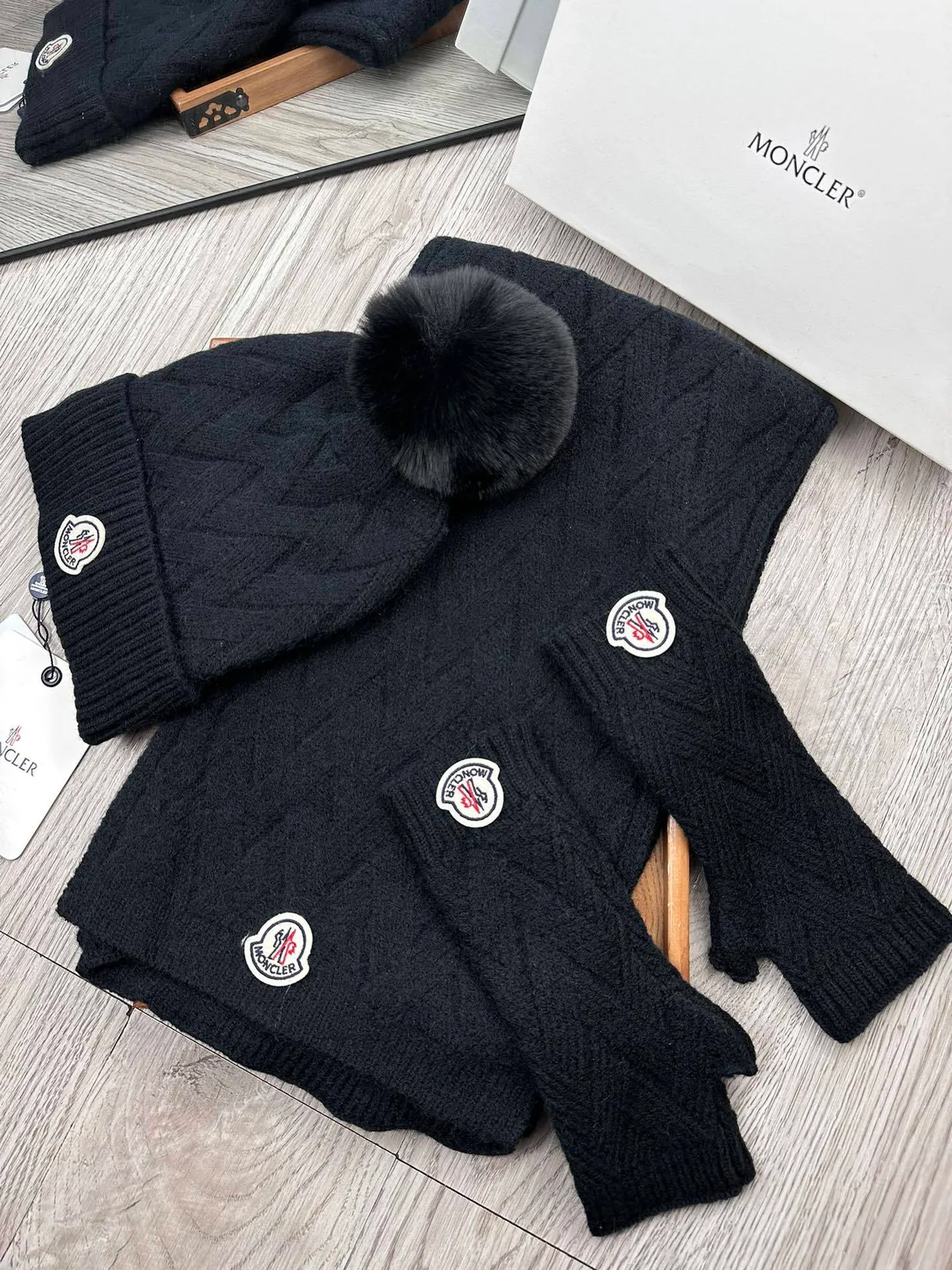 Moncler Black Cable-Knit Faux-Fur Pom-Pom Beanie 5