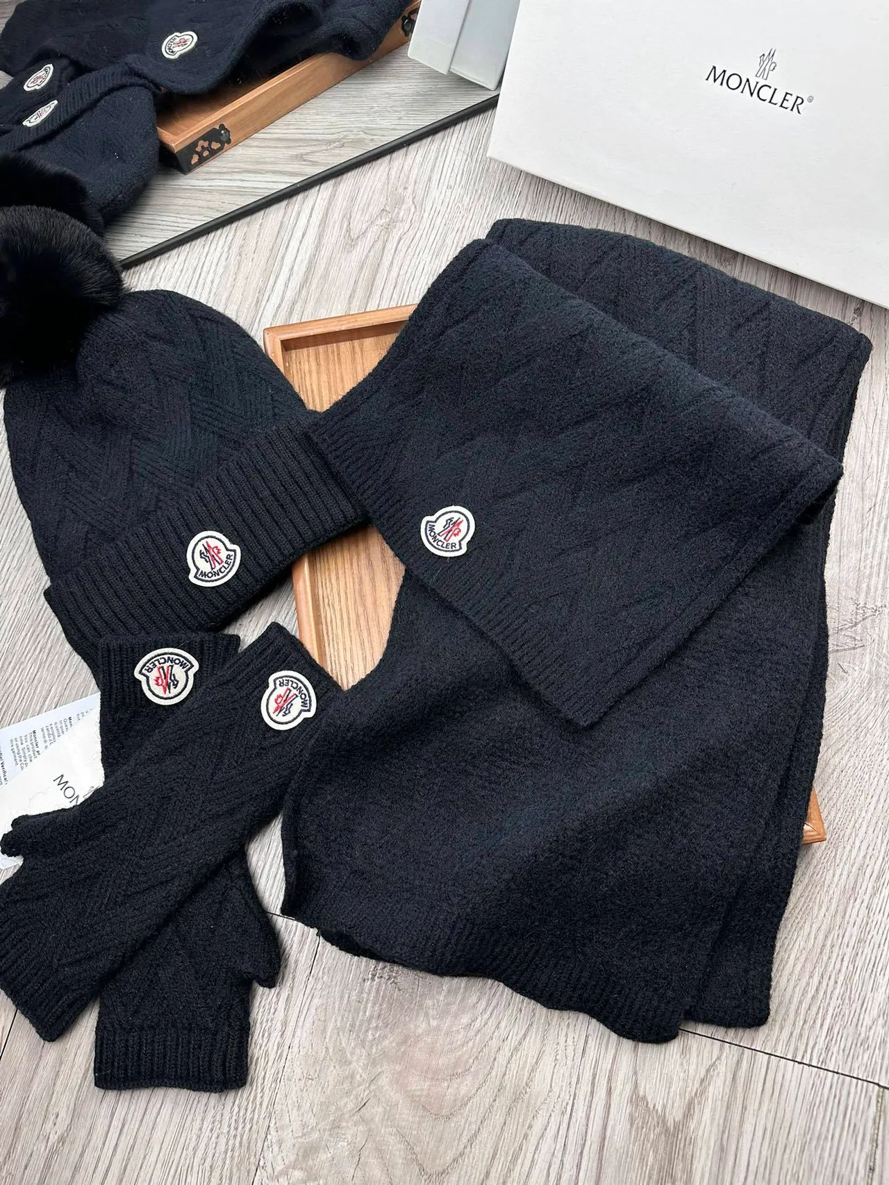 Moncler Black Cable-Knit Faux-Fur Pom-Pom Beanie 7