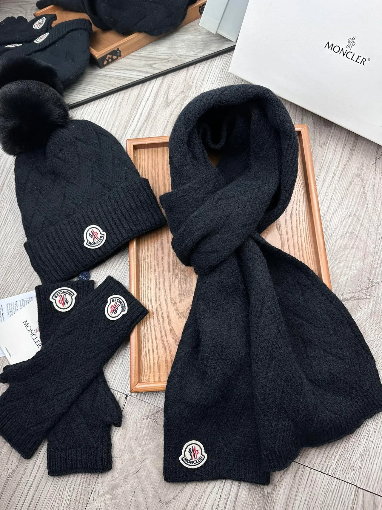 Moncler Black Cable-Knit Faux-Fur Pom-Pom Beanie 2