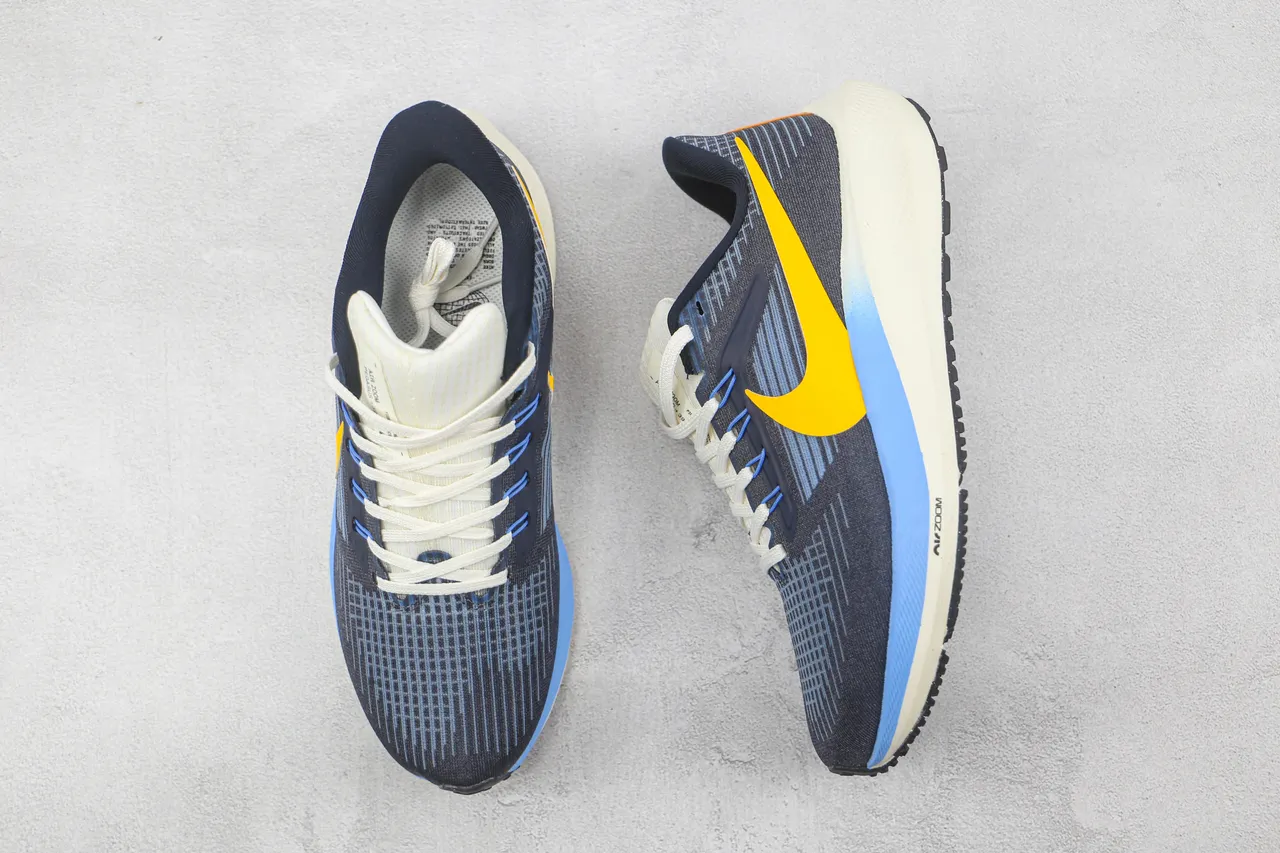 Nike Air Zoom Pegasus Navy Yellow, parte superior em knit engineered, sola de espuma em camadas, tênis de corrida 3