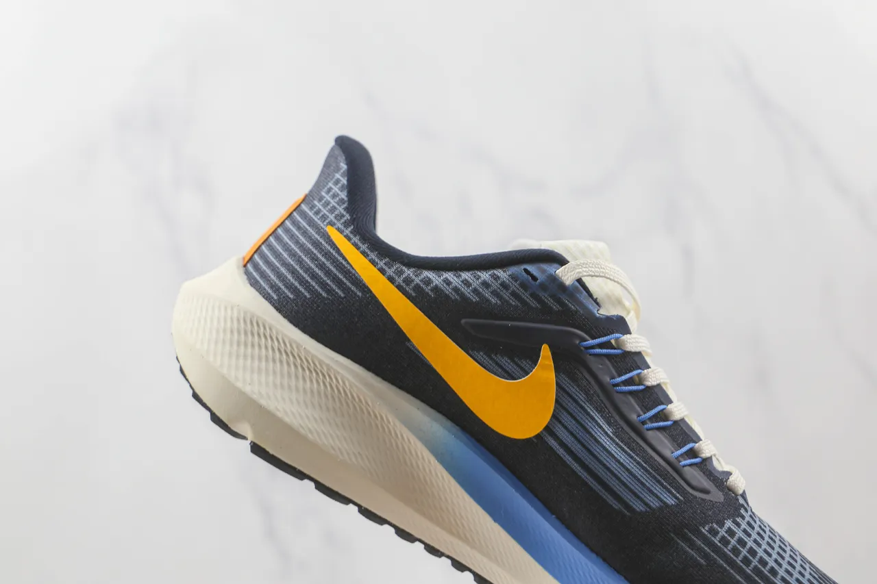 Nike Air Zoom Pegasus Navy Yellow, parte superior em knit engineered, sola de espuma em camadas, tênis de corrida 5