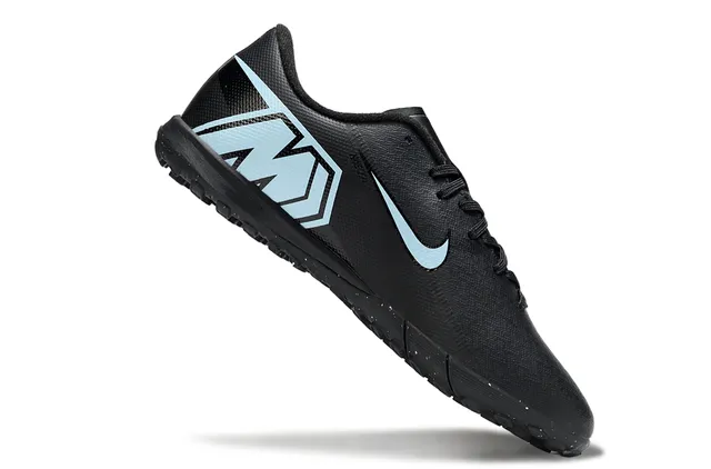 Nike Preto Azul Baixo-Corte Superior Sintético Leve Swoosh Acento Turf Sapatos de Futebol 2