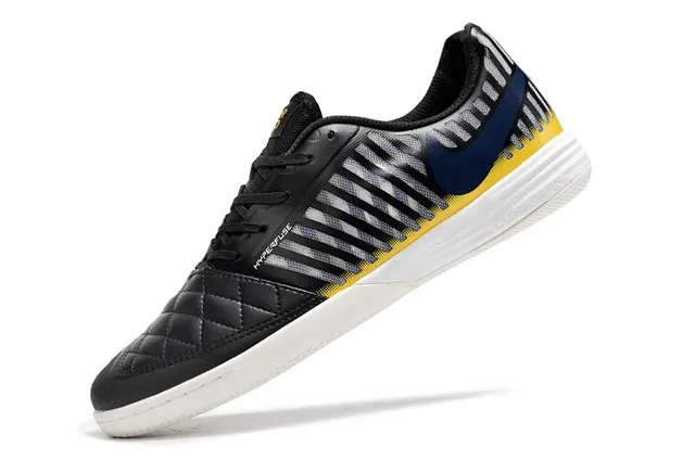 Nike Black Yellow Quilted Leather Toe Striped Mesh Side Panel Indoor Soccer Shoes 2