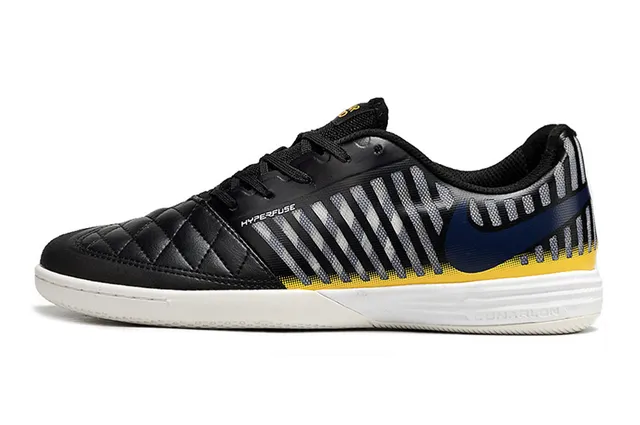 Nike Black Yellow Quilted Leather Toe Striped Mesh Side Panel Indoor Soccer Shoes 4