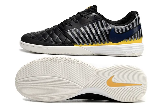 Nike Black Yellow Quilted Leather Toe Striped Mesh Side Panel Indoor Soccer Shoes 5