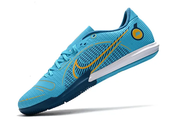 Nike Chaussures de football indoor bleu orange coupe basse upper synthétique overlay texturé grille 3