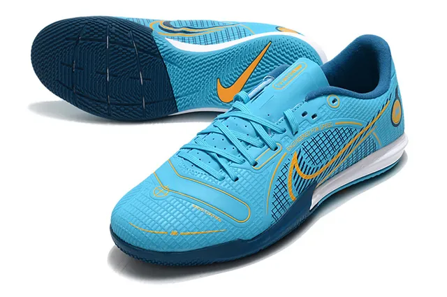Nike Chaussures de football indoor bleu orange coupe basse upper synthétique overlay texturé grille 4