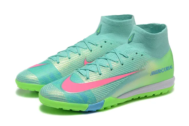 Nike Mercurial أخضر وردي عالي القطع Flyknit العلوي تدرج نيون للألوان أحذية كرة القدم للعشب الصناعي 8