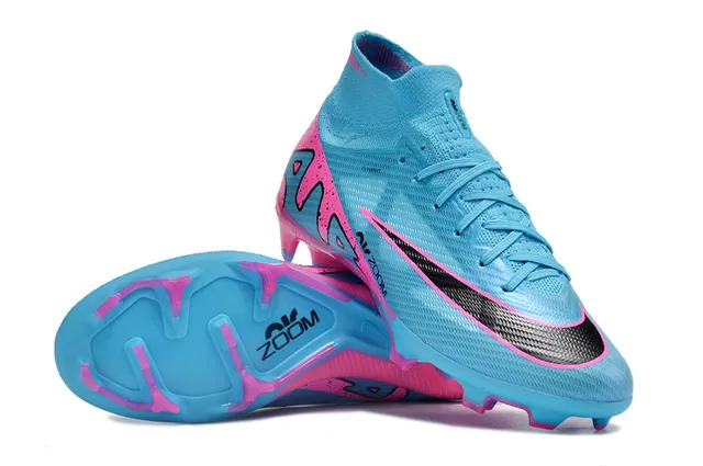 Nike Mercurial Superfly Azul Rosa Botinha Alta Superior Flyknit Construction Campo Firme Sapatos de Fútbol 4