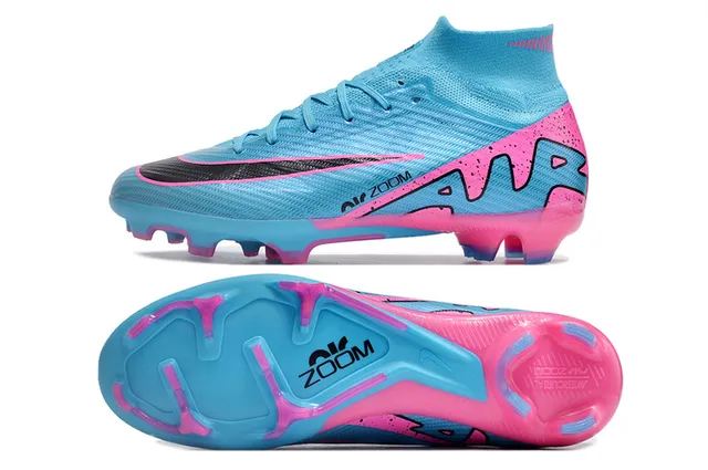 Nike Mercurial Superfly Azul Rosa Botinha Alta Superior Flyknit Construction Campo Firme Sapatos de Fútbol 5