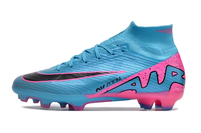 Nike Mercurial Superfly Azul Rosa Botinha Alta Superior Flyknit Construction Campo Firme Sapatos de Fútbol 8