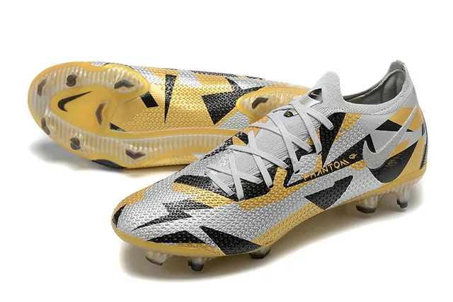 Nike Phantom GT Silver Gold Engineered Mesh Upper Geometric Color Blocking Firm-Ground Soccer Shoes 7