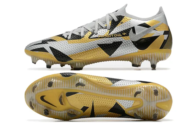 Nike Phantom GT Silver Gold Engineered Mesh Upper Geometric Color Blocking Firm-Ground Soccer Shoes 9