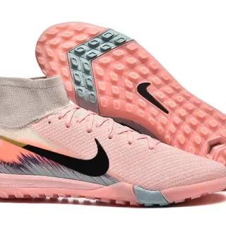 Nike Sapatos de futebol rosa e preto, com parte superior em malha sock-fit, high-top ankle collar, para turf