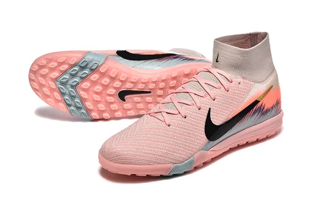 Nike Sapatos de futebol rosa e preto, com parte superior em malha sock-fit, high-top ankle collar, para turf 6